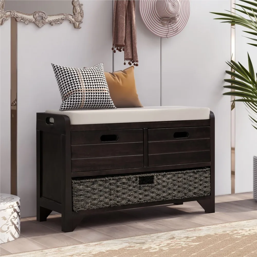 

With Removable Basket And 2 Drawers Fully Assembled Shoe Bench With Removable Cushion For Hallway Storage Bench Entryway Bench
