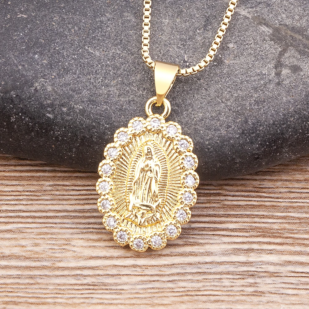 

AIBEF Holy Virgin Mary Cubic Zircon Pendant Necklace Copper Chain Gold Color Women Christian Religion Jewelry Gifts