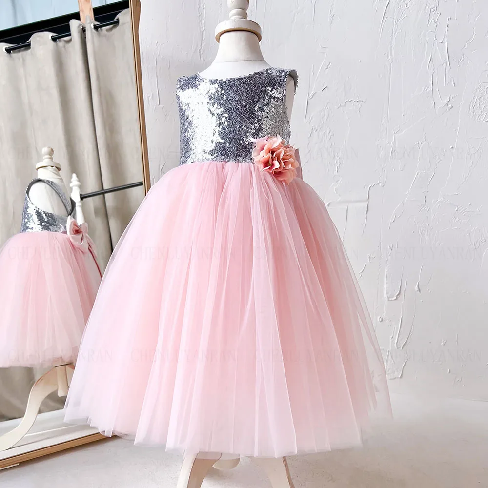 

Pink Tulle Flower Girl Dress A-Line Glitter Girls Princess Bow Wedding Party Dress Long Sequin First Communion Gown Dress