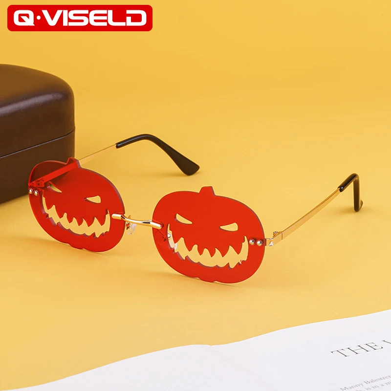 

QVISELD Хэллоуин тыквы без оправы очки солнечные женские 2023 UV400 Ультрафиолетовая защита Высокое качество бренд Модные Вечеринка Интересно солнцезащитные очки
