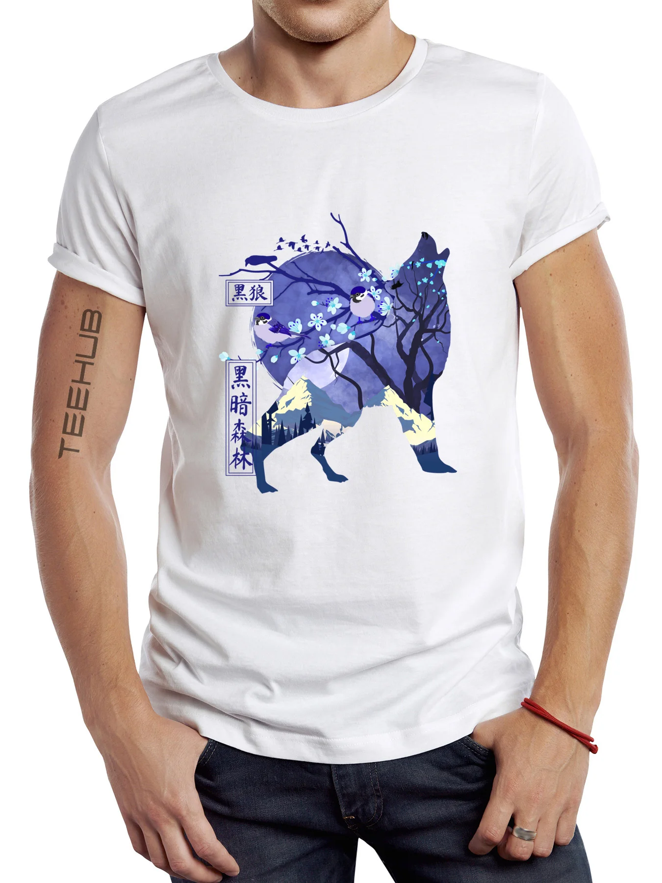 Новинка 2024 Мужская модная футболка с принтом темного леса и Волка топы коротким