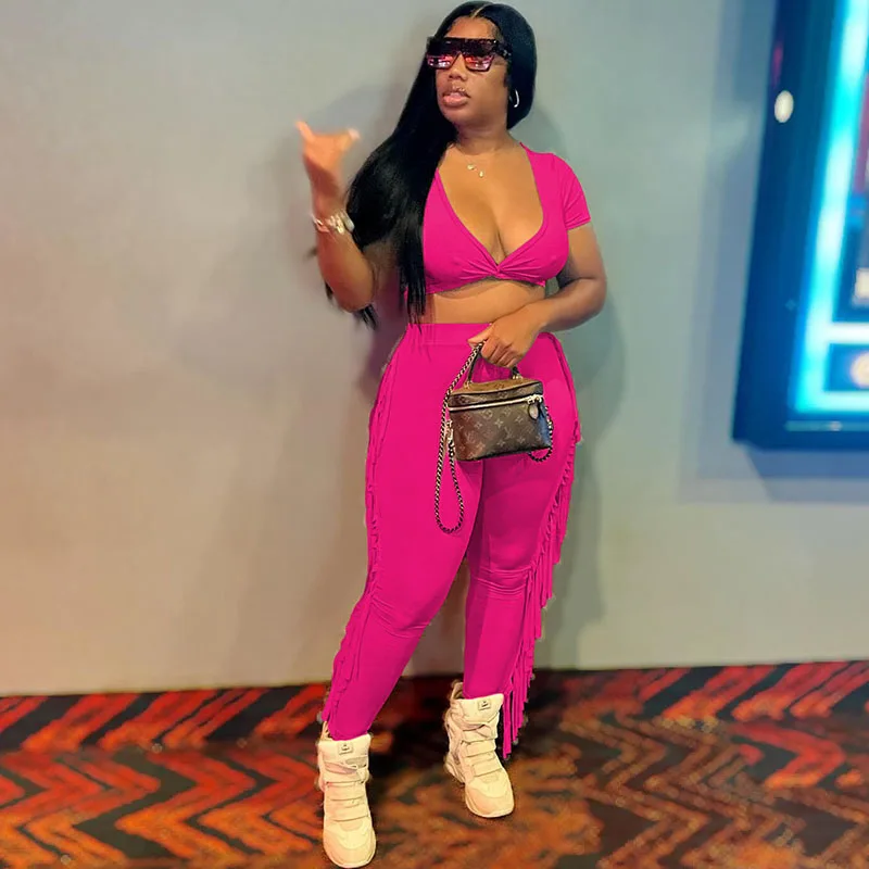 

Znaiml Casual Tracksuit Two Piece Set Bodycon Draped Crop Top Side Tassel Pant Sets Women Summer Sporty Party Joggers Sweat Suit