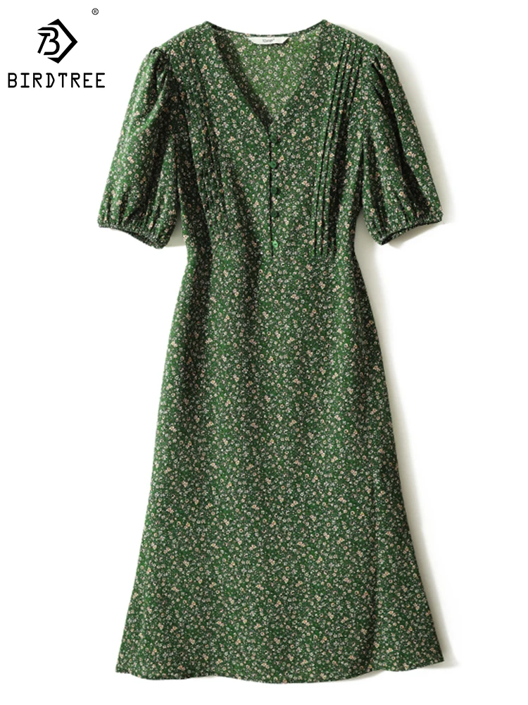 

Birdtree/100% шелк тутового шелкопряда, крепдешин, французское платье, v-образный вырез, цветочные пышные рукава, элегантная темпераментная нежная юбка средней длины D30824QD