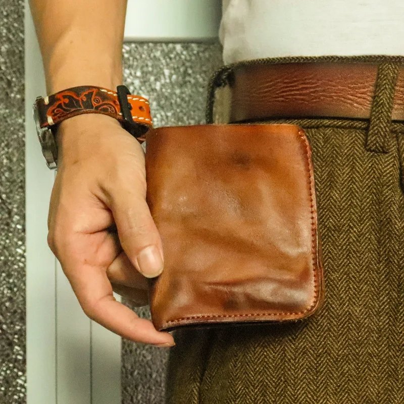 Original Vintage Genuine Leather Men's Short Wallet Fold Card Holder Money Bag for Male Retro Zipper Coin Purse