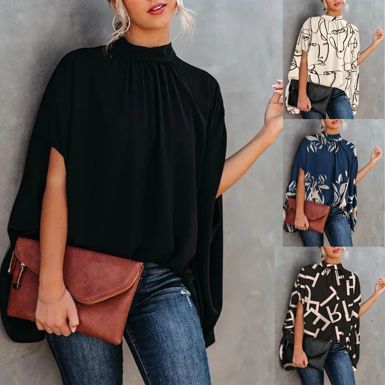 

Women's summer casual loose print top bat sleeve cloak shirt