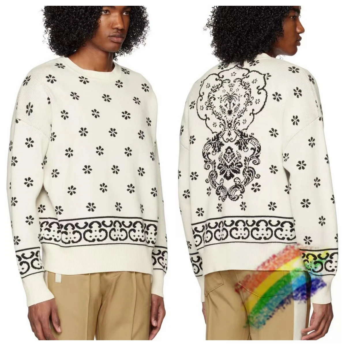 

Beige jacquard knit Rhude Sweater Men Women Best Quality Sweatshirts