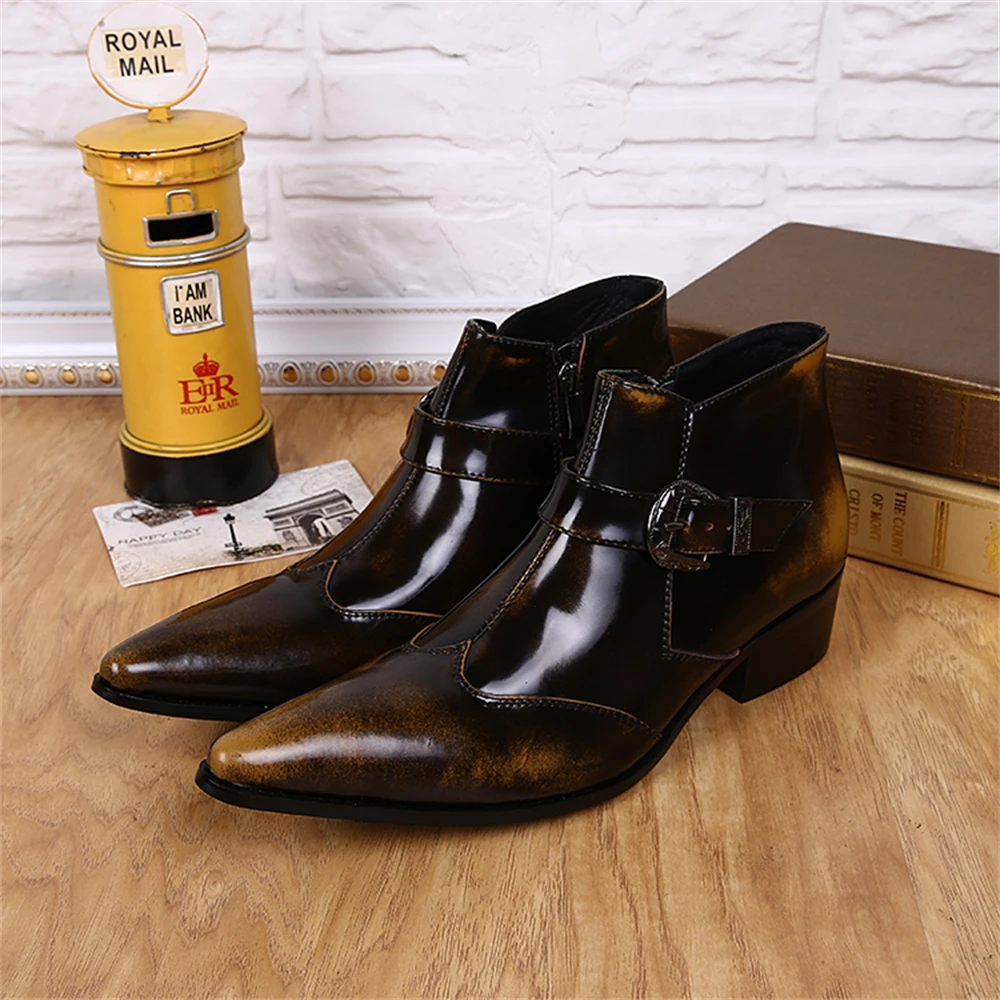 

Vintage Patent Leather High Heels Pointed Toe Buckle Zipper Boots Male Plus Size Fashion Party Wedding Business Dress Shoes