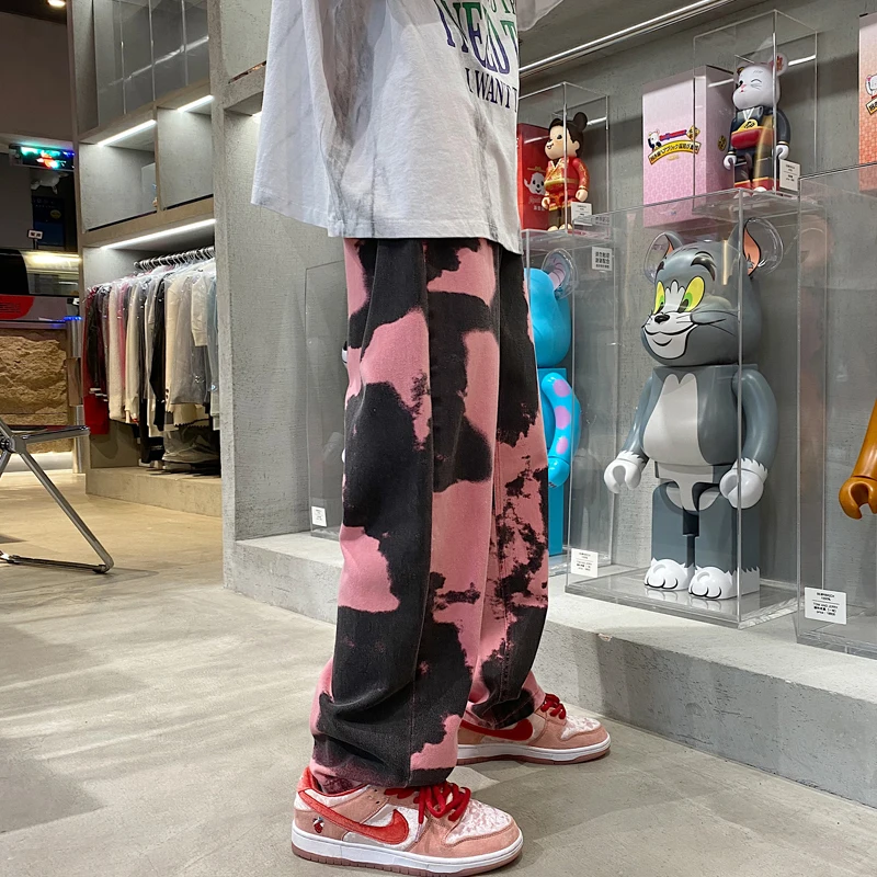 Four Seasons Men's Jeans Fashion Tie Dye Straight Loose Casual Wide Leg Pants Retro Fashion Men's Streetwear Men's Ins Hot Sale