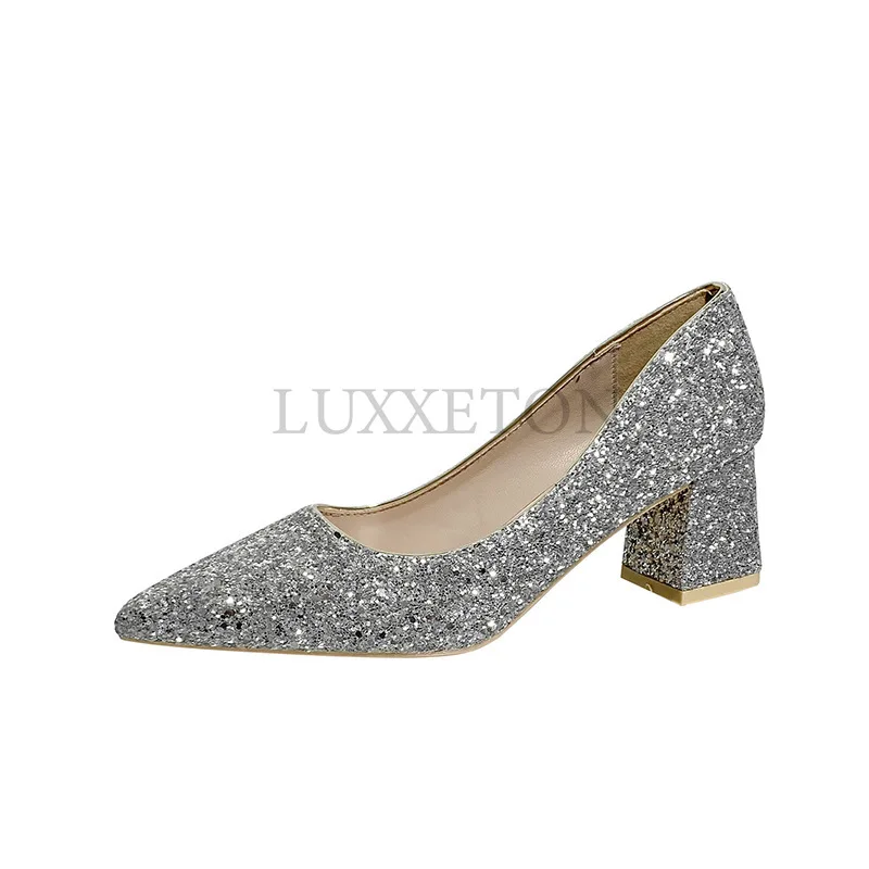 

Sequins Wedding High Heels Female Spring Autumn Large Size Pointed Thick Heel Banquet Shoes Party Pumps Tacones De Mujer