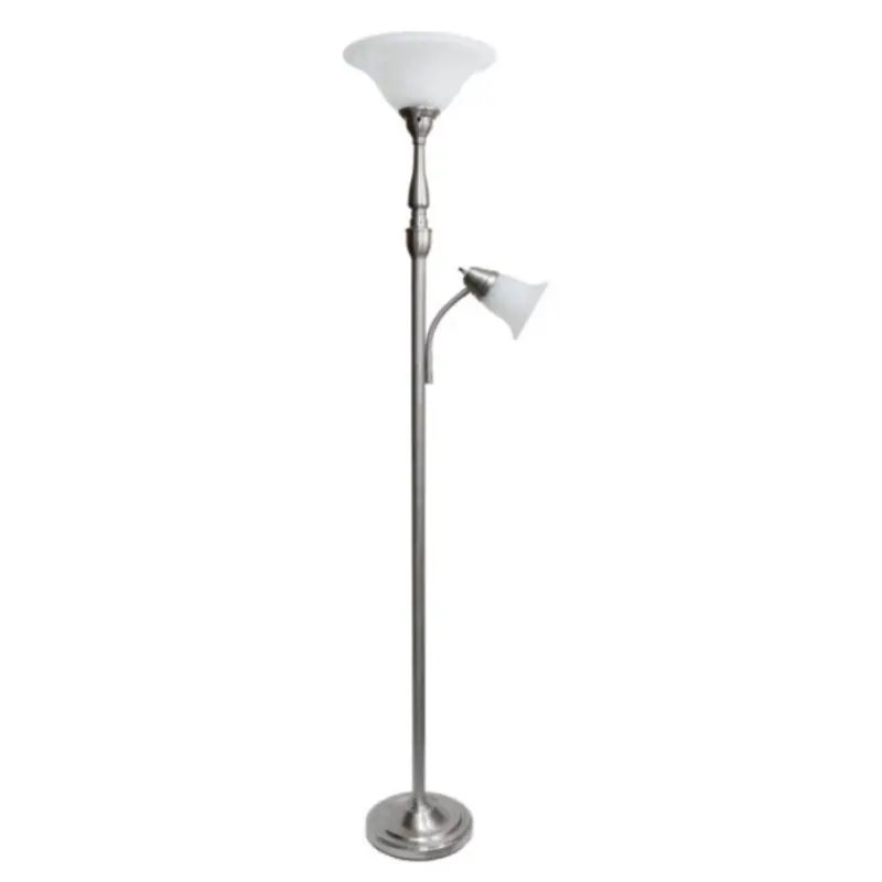 

2 Light Combo Torchiere Floor Lamp with White Marble Glass, Brushed Nickel