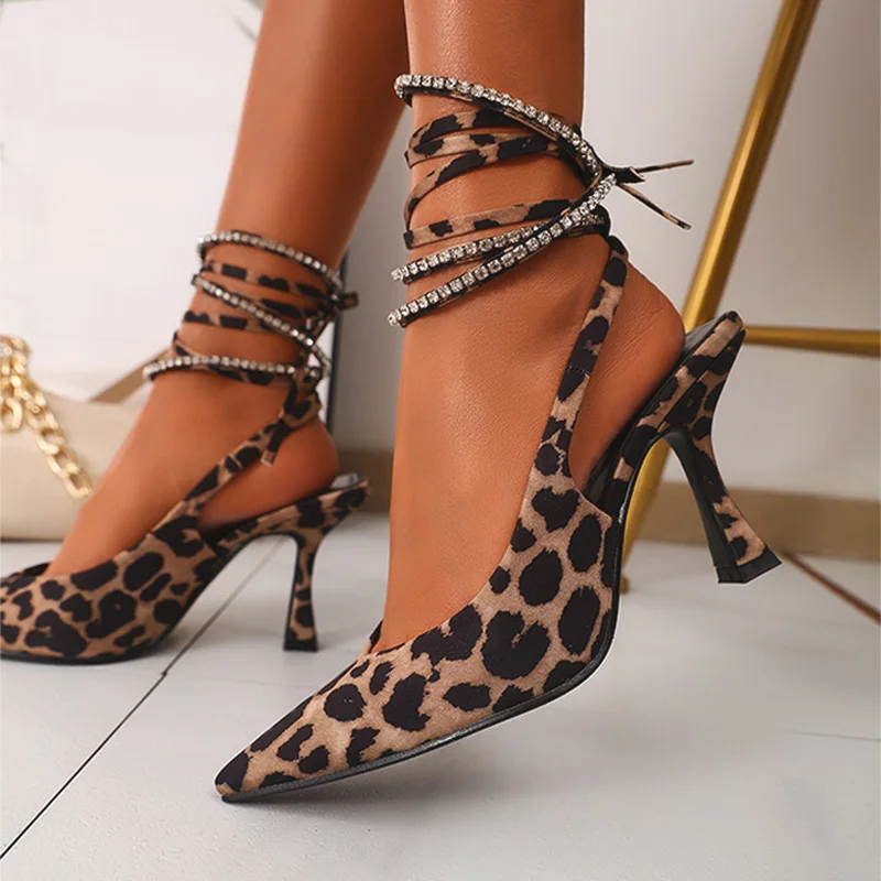 

2022 Rhinestone High Heels Sandals Women Leopard Thin Heels Ankle Strap Party Shoes Woman Sandals women shoes