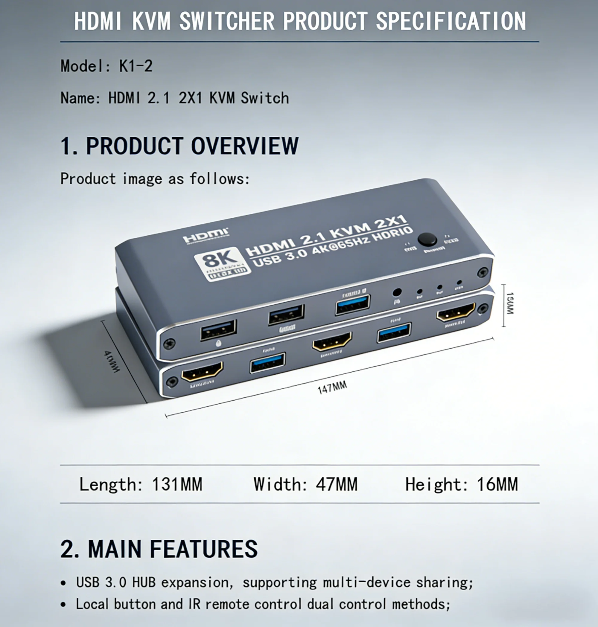 Фото Компактный KVM-переключатель HDMI 2.1, USB 3.0 2 входа 1 выход, 2 компьютера могут использовать монитор, клавиатуру и мышь с ИК-пультом дистанционного управления №5
