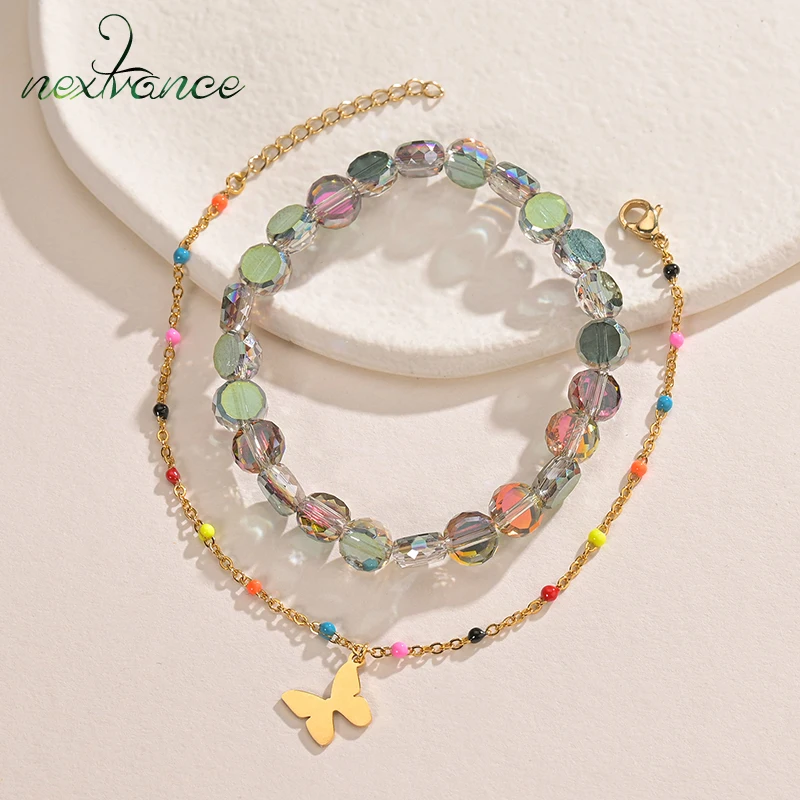 Браслет-бабочка Nextvance из нержавеющей стали с двойными стеклянными бусинами для девочек-подростков, ювелирные изделия в подарок на день рождения