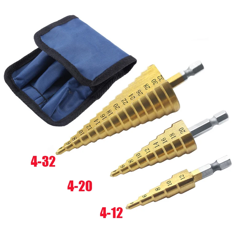 3Pcs 4-12mm 4-20mm 4-32mm HSS Straight Groove Step Drill Bit Titanium Coated Wood Metal Hole Cutter Core Cone Drilling Tools Set