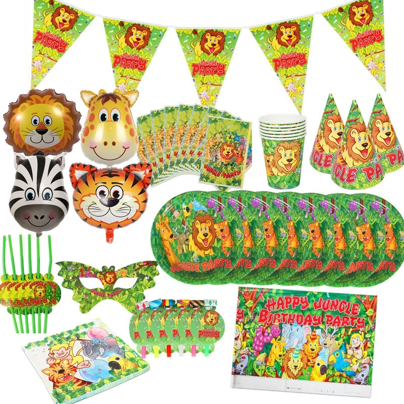 

Jungle Party Decoration Lion Tiger Foil Balloons Disposable Tableware Paper Plate Cup Napkin Banner Safari Zoo Party Supplies