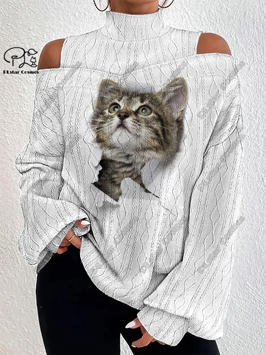 

PLstar Cosmos 3D Printed Cat Pattern Women's White Lantern Sleeve Off Shoulder Cable Textured Top Casual Long Sleeve Everyday