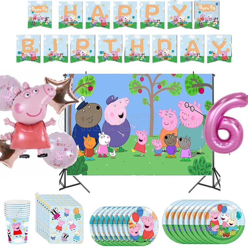 Peppaing pig – fournitures de fête d'anniversaire  Ballons de dessin animé  assiettes en papier