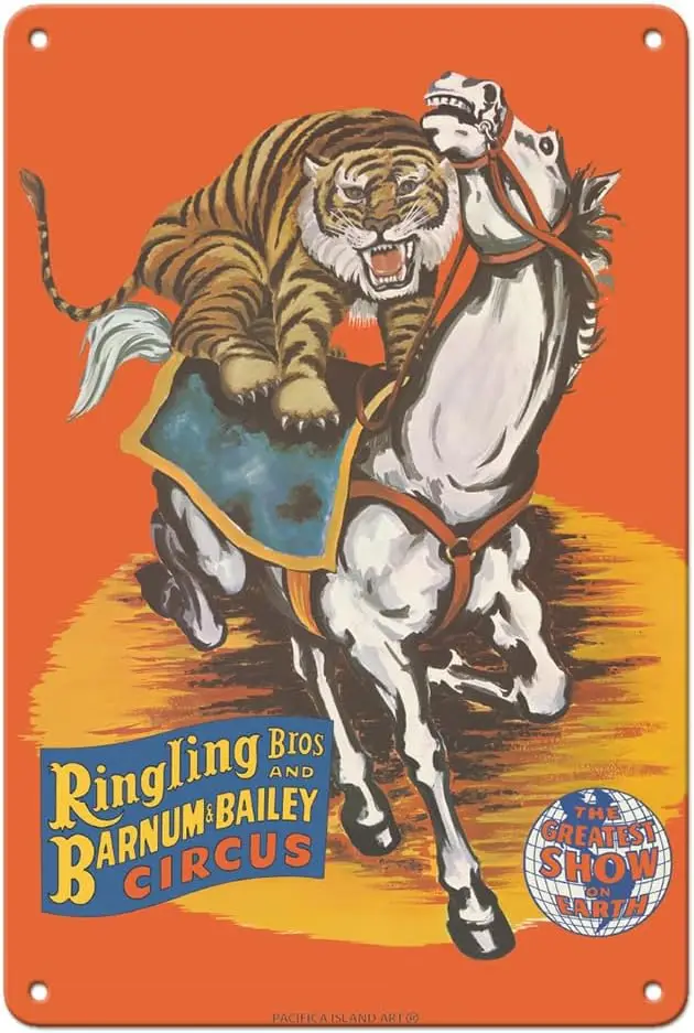 Pcfc slnd rt Rnglng Bros nd Brnum &ampmp Bley Crcus — Tger On Horse Vntge Плакат c.1966-8 x 12 nch Metl Tn Sgn