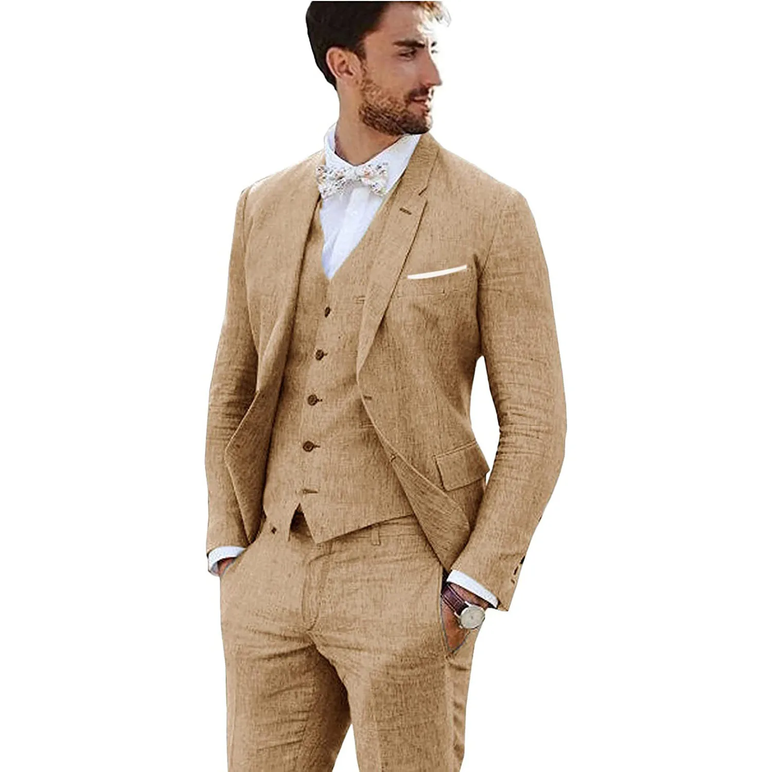

Men's Linen Suit 3-Piece Single Breasted Vintage Wedding Prom Slim Blazer + Pants Fashionable Groom Tuxedo
