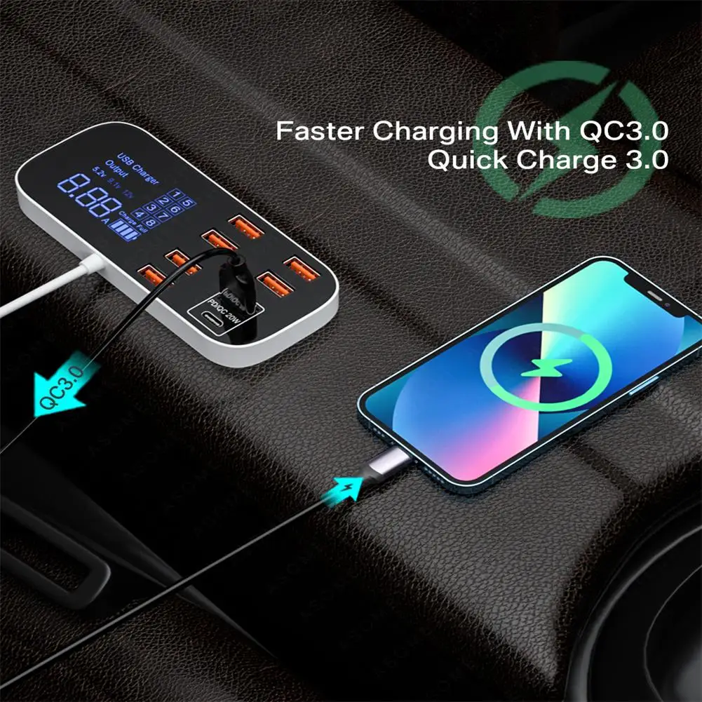 

Портативное умное автомобильное зарядное устройство с 8 USB-портами, быстрая зарядка Qc3.0 Pd, быстрое зарядное устройство, 40 Вт, 8 А, мульти-Usb-раз...