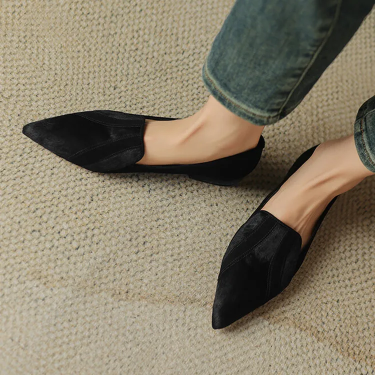 

2023Luxury Horsehair Mixed Suede Women Flats Pointed Toe Shallow Espadrilles Black Dress Prom Party Moccasins Autumn Single Shoe