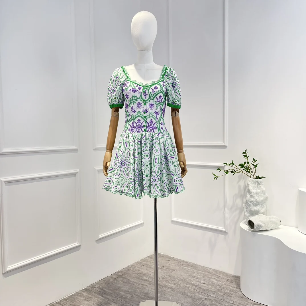 

New Spring Summer 2023 Top Quality Pure Cotton Multi Color Embroidery Frill Ruffle Puff Sleeve Mini Dress Women