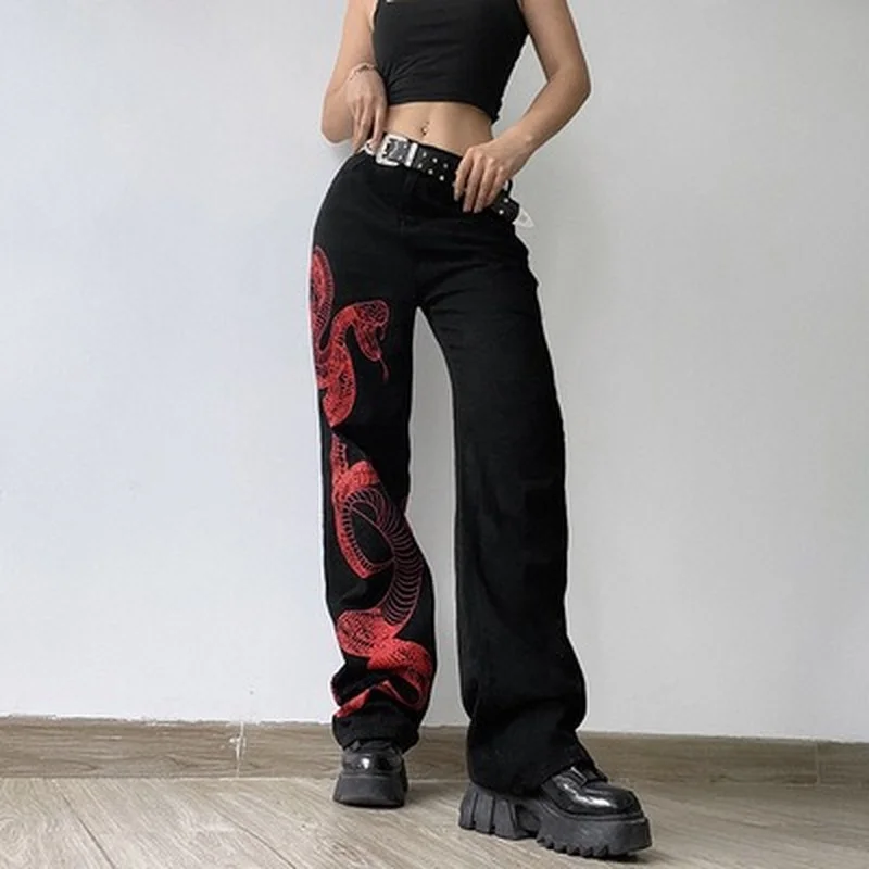 2021 Autumn Snake Print Baggy Jeans Women Low Waist Hippie Denim Trousers Dark Academia Goth Streetwear Cargo Pants 90s Korean
