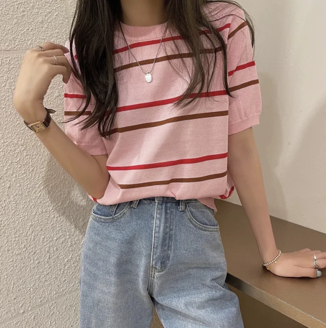 

Retro striped knitted short sleeved T-shirt for women