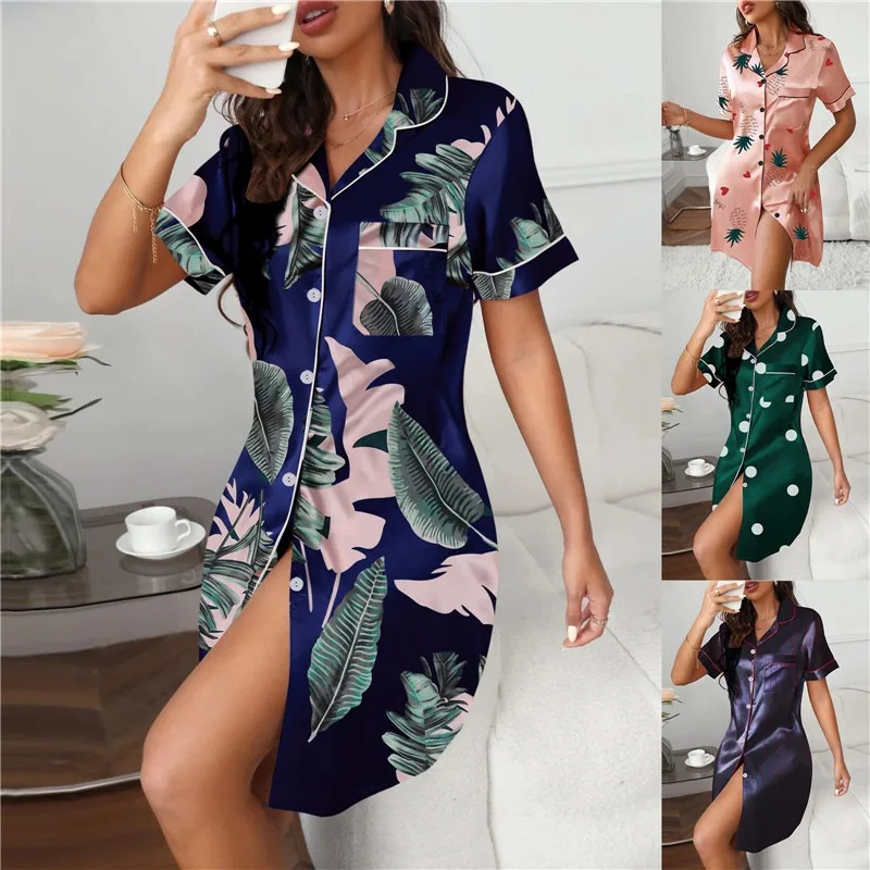 

Women Stain Nightdress Short Sleeve Spring Summer Stripe Nightgowns & Sleepshirts Women Sleepwear Shirt Buttons Outwear Pajamas