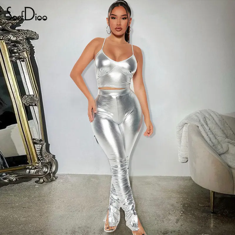 

Soefdioo Shiny Silver Two Piece Sets Womens Outfits Sexy Cropped Camisole and High Waist Stacked Pants Matching 2023 Clubwear