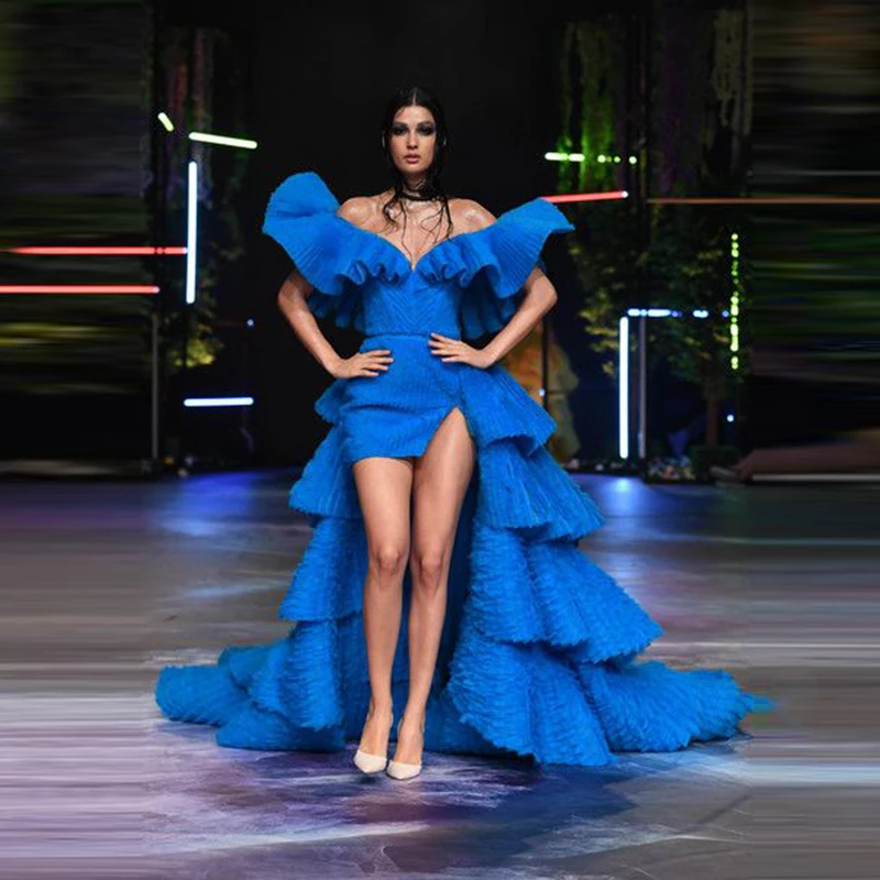 

Sexy Off The Shoulder Prom Dresses Royal Blue High Low Evening Gowns Tiered Sweep Train Formal Party Dress Robe De Soiree