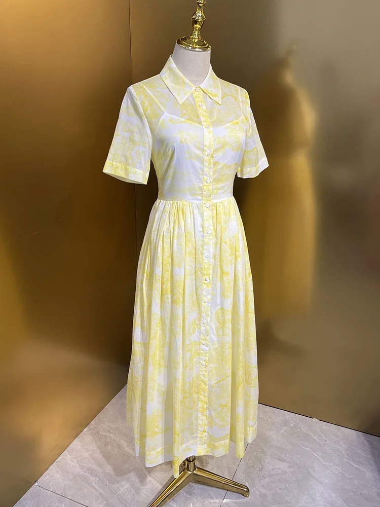 Женское Платье с принтом High Street 100% хлопок воротник отложным воротником короткий