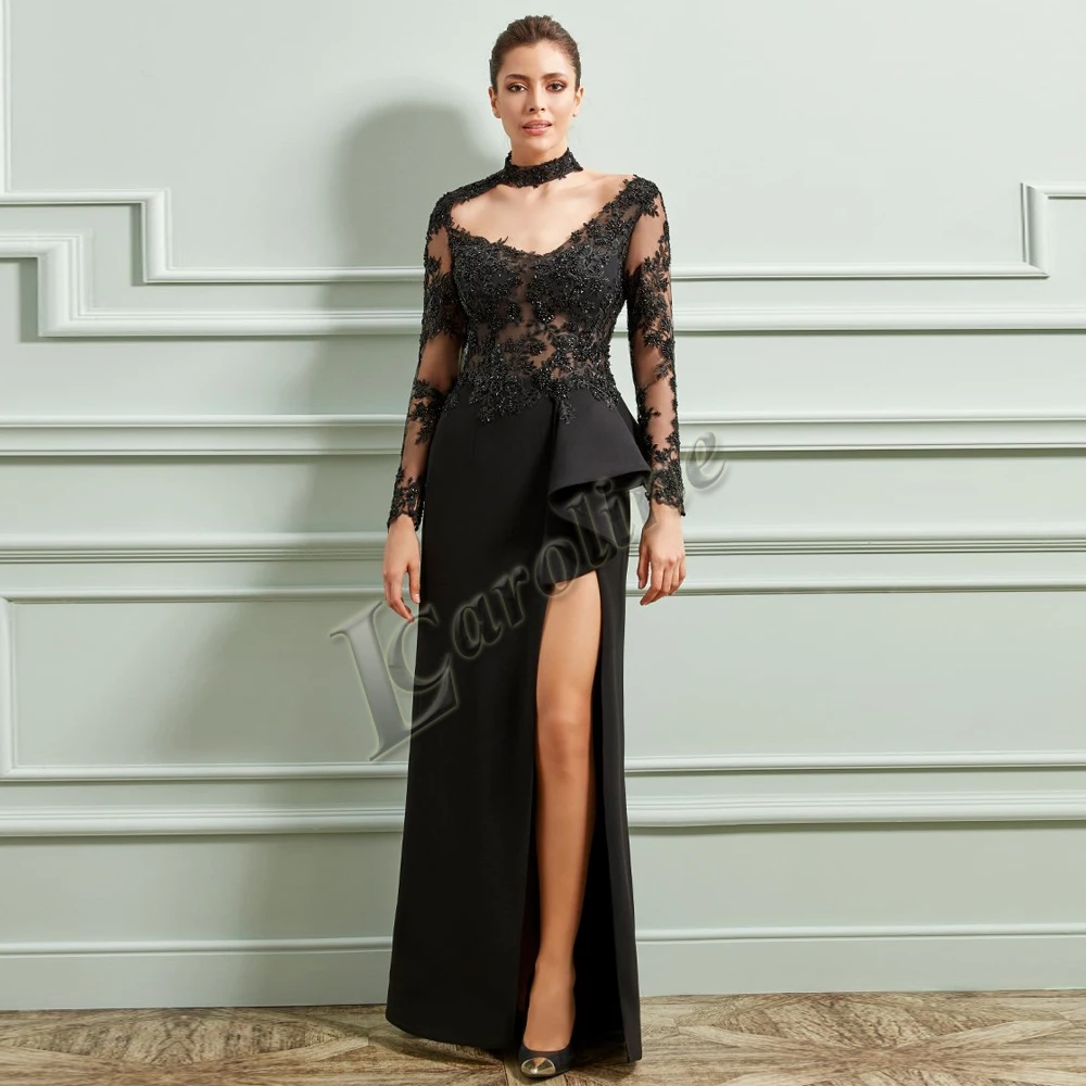 

Caroline Elegant Long Sleeve Illusion Evening Dress Pleat High Appliques Side Slit Prom Gowns Party Custom Made Robes De Soirée