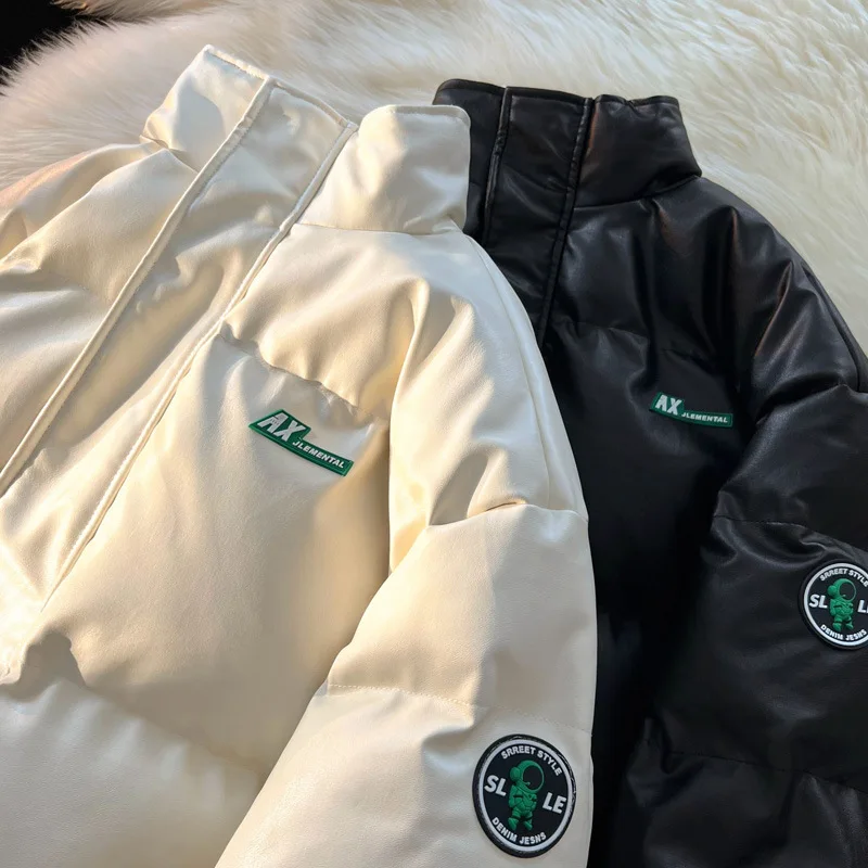 New Lamb Velvet Stand-up Collar PU Leather Cotton Coat Men Women Couple Coat Winter Loose Men's Thickened Down Cotton Jacket