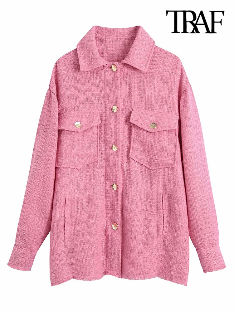 

Женская твидовая куртка TRAF, с карманами, с потертостями и длинными рукавами, большого размера, винтажная верхняя одежда