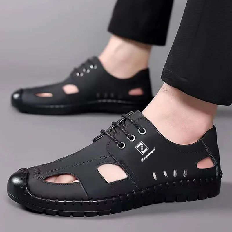 

Мужские сандалии с перфорацией, черные дышащие кожаные босоножки на мягкой подошве, повседневная обувь, лето 2023