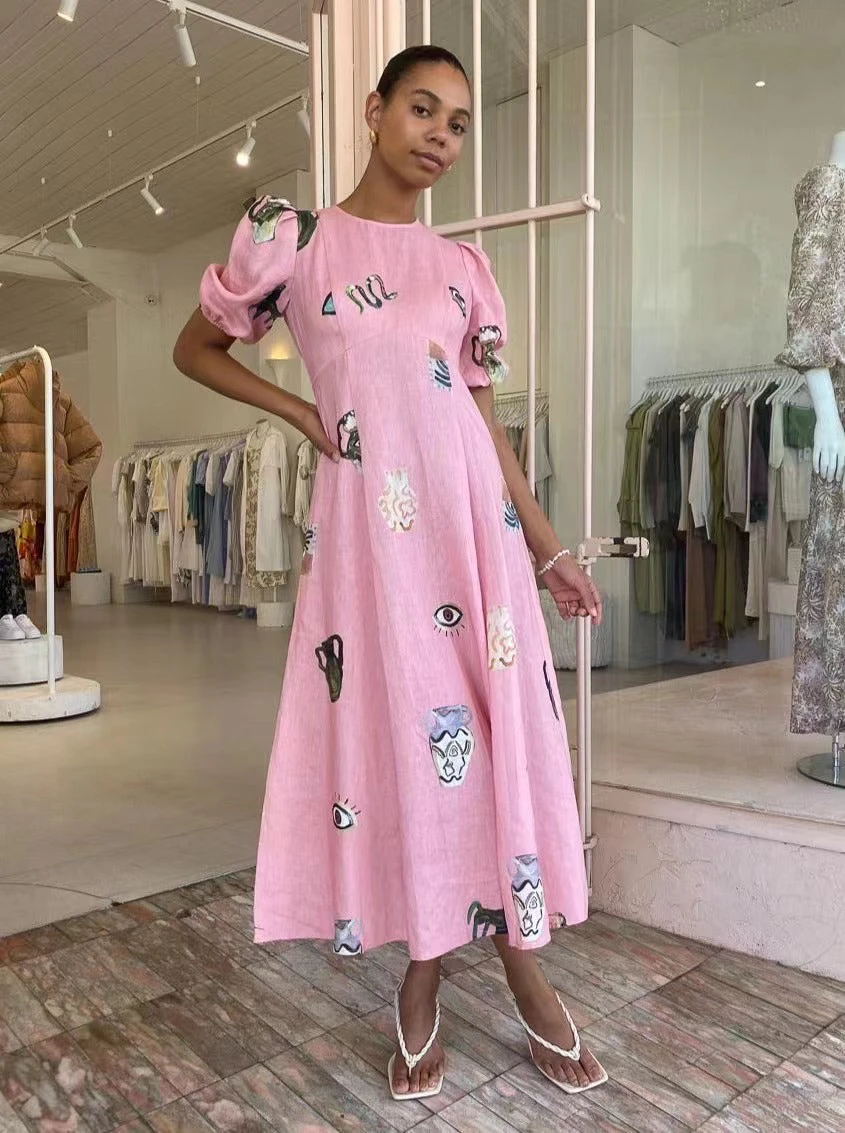

High Quality Summer Holiday Cartoon Horse Print Short Sleeve Women Midi Linen Pink Dress Provide label