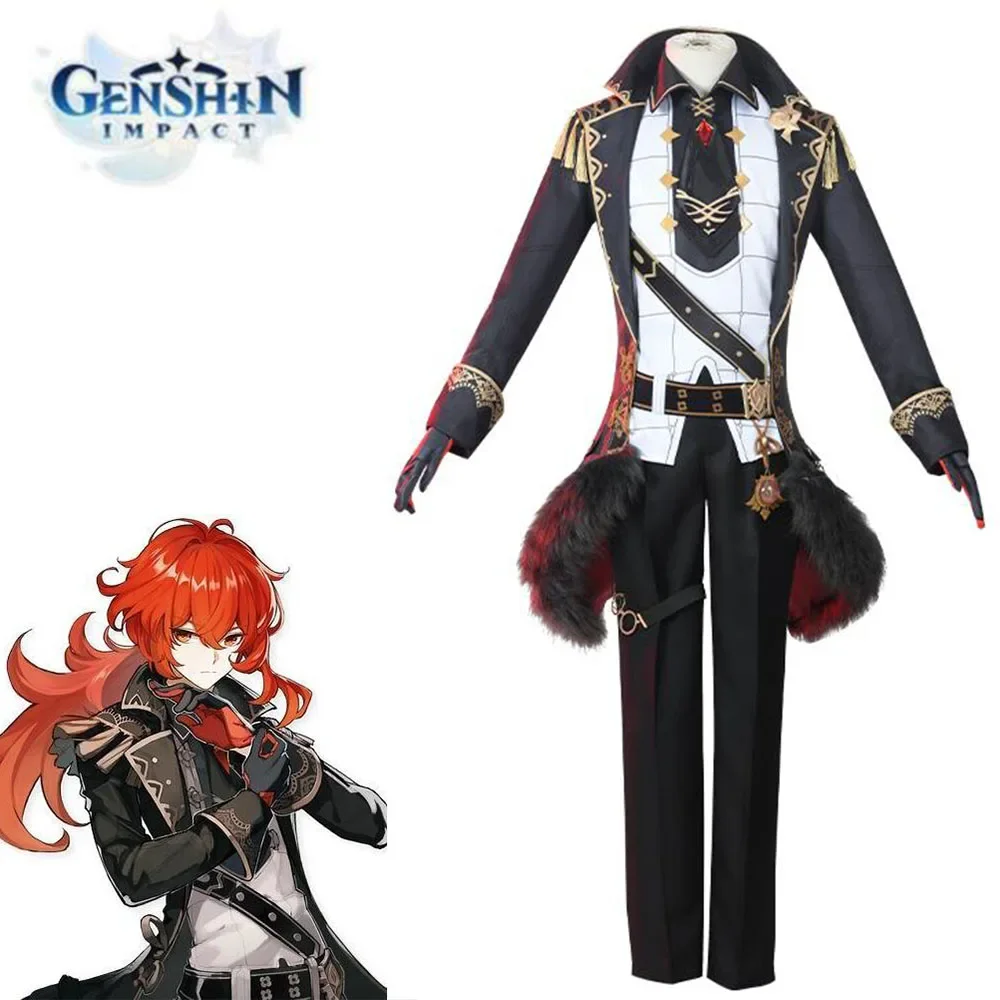 Аниме игра Genshin Impact косплей костюм Diluc мужской черный униформа рубашка на