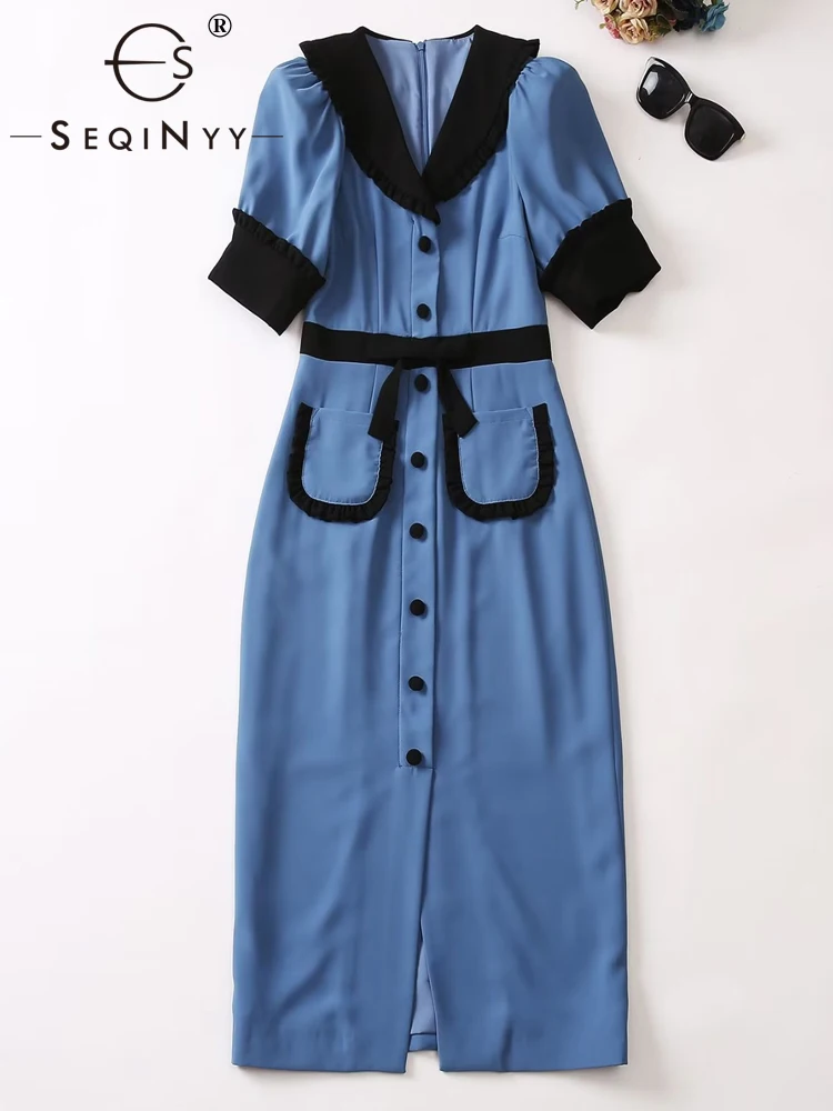 SEQINYY Blue Dress Summer Spring New Fashion Design Women Runway High Street Vintage Pockets Bow Office Lady Slim Elegant
