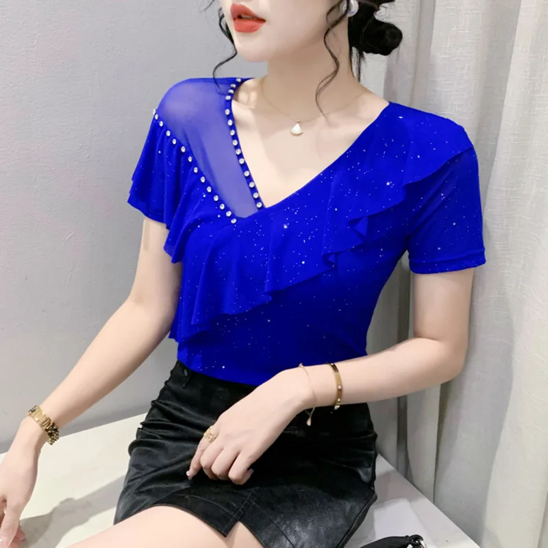 # 5944 Черная синяя красная эластичная сетчатая футболка женская с v-образным