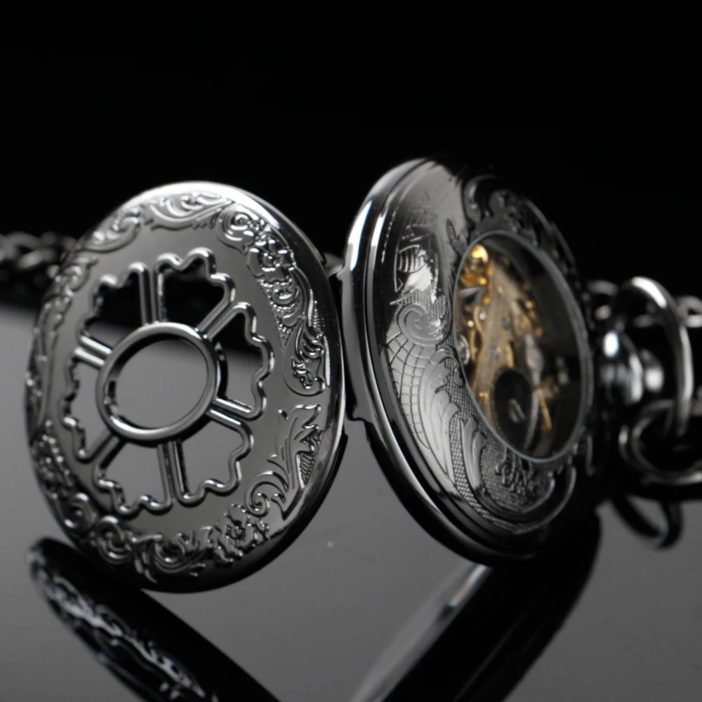 Black Petal Hollow-Out Design Mechanical Manual Pocket Watch Roman Digital Skull Dial Pendant Automatic Antique Clock