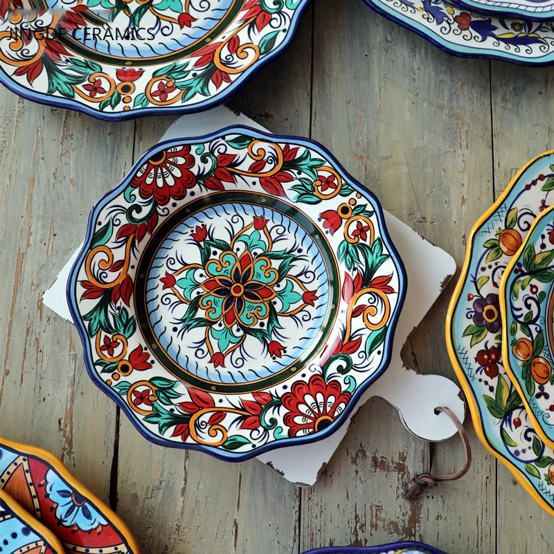 

1Pcs Bohemian style hand-painted ceramic plate delicate flower tableware western steak salad dessert cake sushi decorative plate