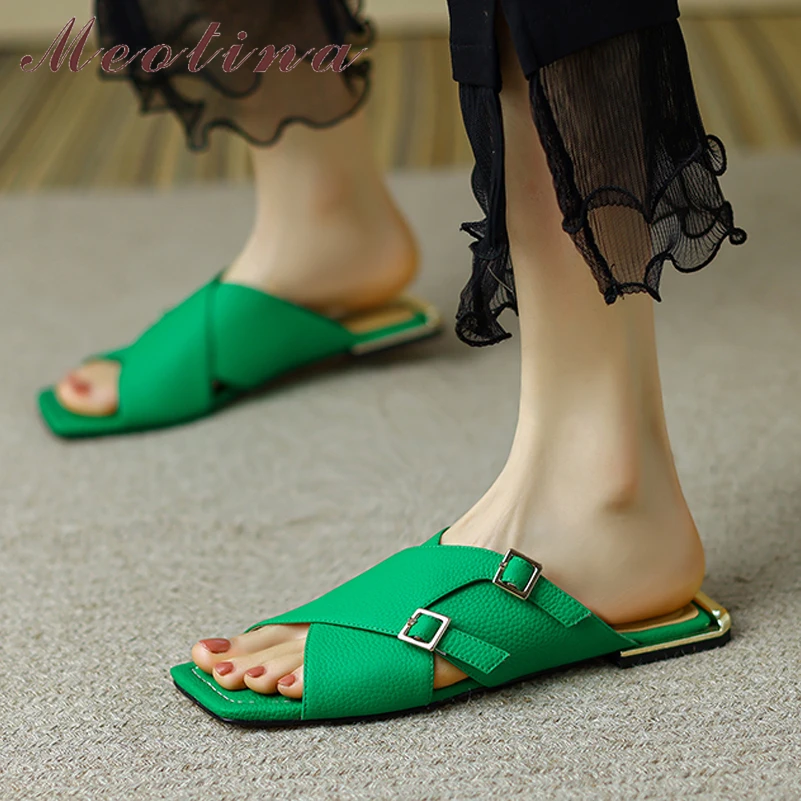 

Meotina Women Genuine Leather Sandals Square Toe Flat Slides Buckle Narrow Band Design Slippers Summer Ladies Shoes Green Beige