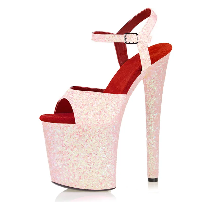 

20CM Pink Sexy Sequined Glitter Pole Dance High Heels Transparent Sandals Fish Mouth Model Catwalk Nightclub LYP