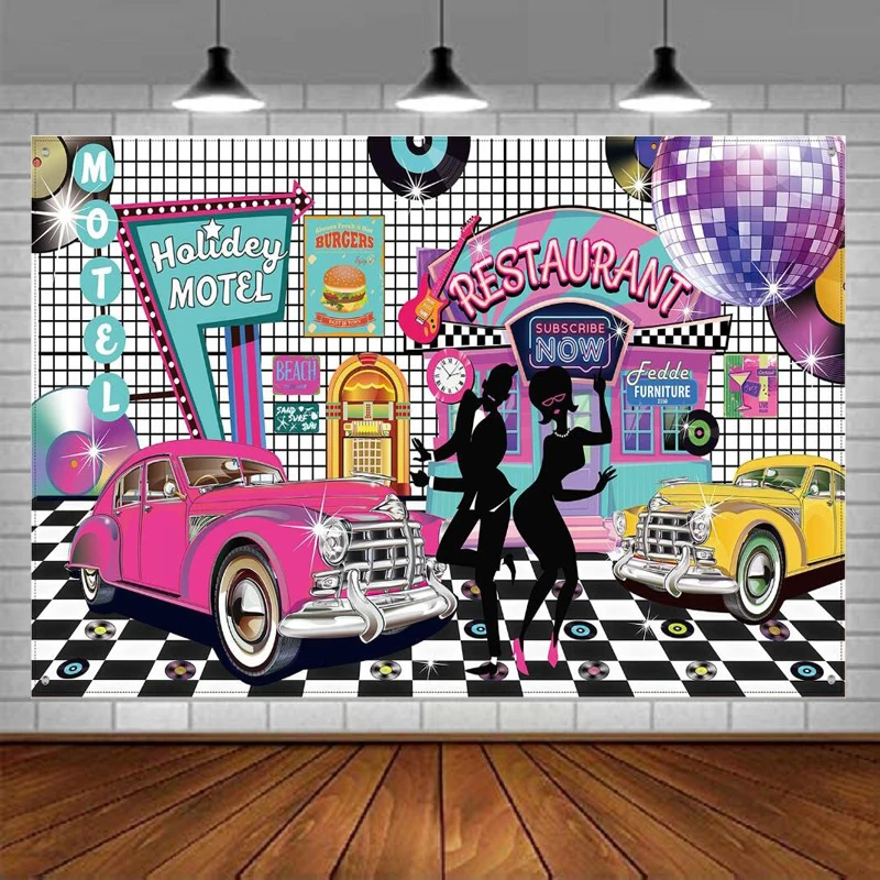 

Photography Backdrop 50's Theme Rock And Roll Party Banner Classic 50s Background Banner For 1950's Party Decorations