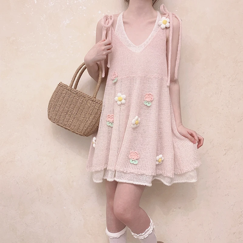 

Sweet Knitted Dress Women Summer Hook Flowers Decoration Lace-up Hollow Out Multi-piece Dresses Kawaii Clothes