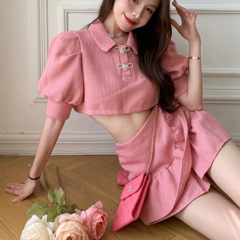 Small Fragrant Suit Summer Korean Sweet Tweed 2 Piece Set Women Puff Sleeve Crop Top + Mermaid Skirts Sets Fashion Skirt Suits enlarge