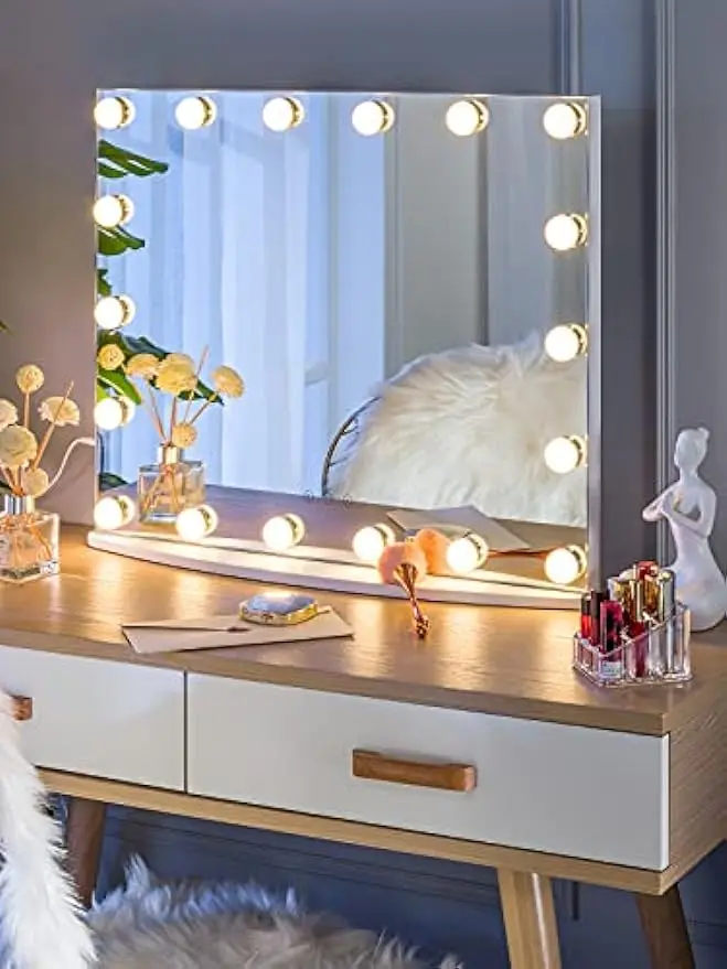 

Large Hollywood Light up Mirrors w/ 18 LED Bulbs for Bedroom Tabletop & Wall Mounted (26Wx21L, White)
