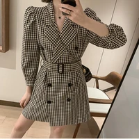 women fashion sashes plaid suit jacket autumn 2020 new puff sleeve button blazer woman double breasted long outwear femme ol