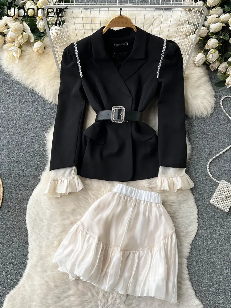 Skirt Set for Women Elegant 2023 Spring and Autumn Beaded Cuff Patchwork Waist-Slimming Lapel Black Suit Jacket and Puffy Skirts